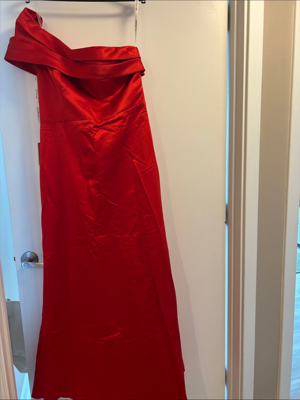 JJs House One-Shoulder Red Satin Gown
